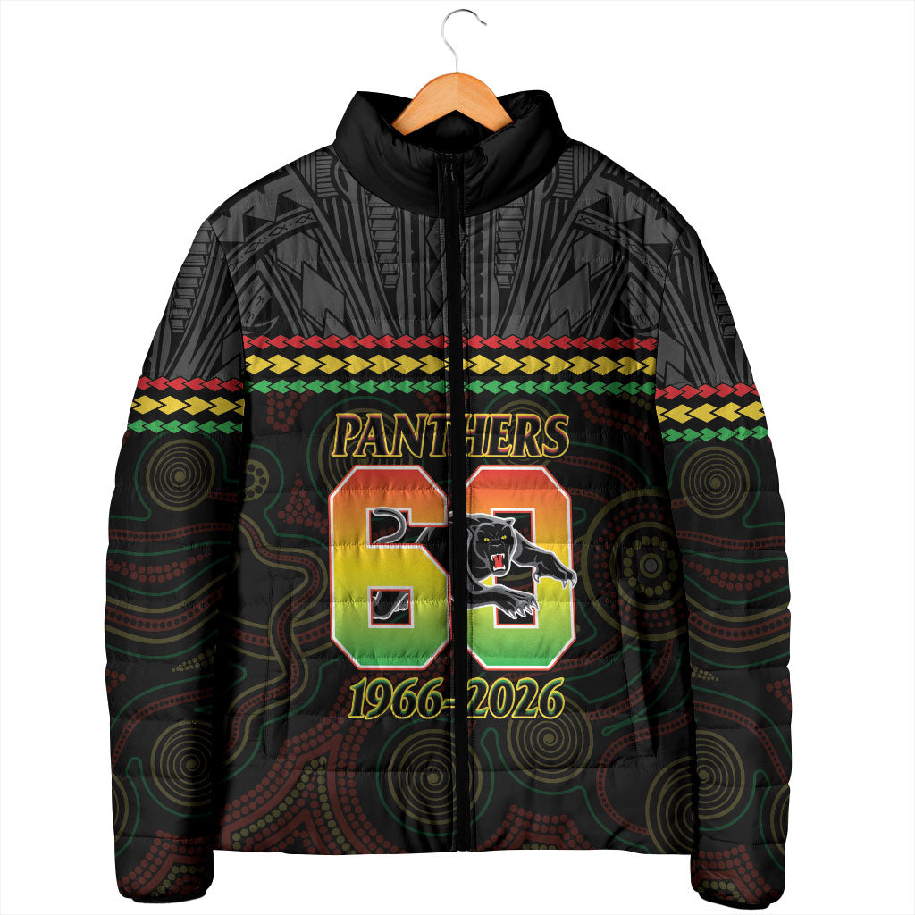 Penrith Panthers Rugby Custom Padded Jacket 60 Years Anniversary Black Polynesian Aboriginal Art