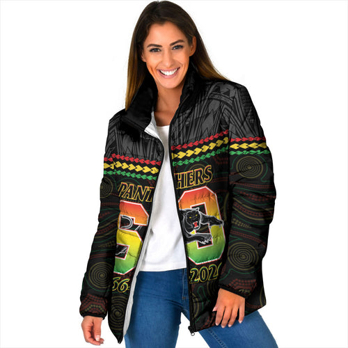 Penrith Panthers Rugby Custom Padded Jacket 60 Years Anniversary Black Polynesian Aboriginal Art