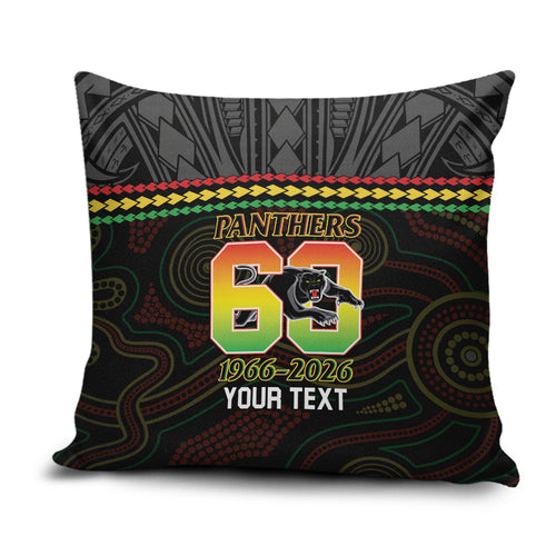 Penrith Panthers Rugby Custom Pillow Cover 60 Years Anniversary Black Polynesian Aboriginal Art