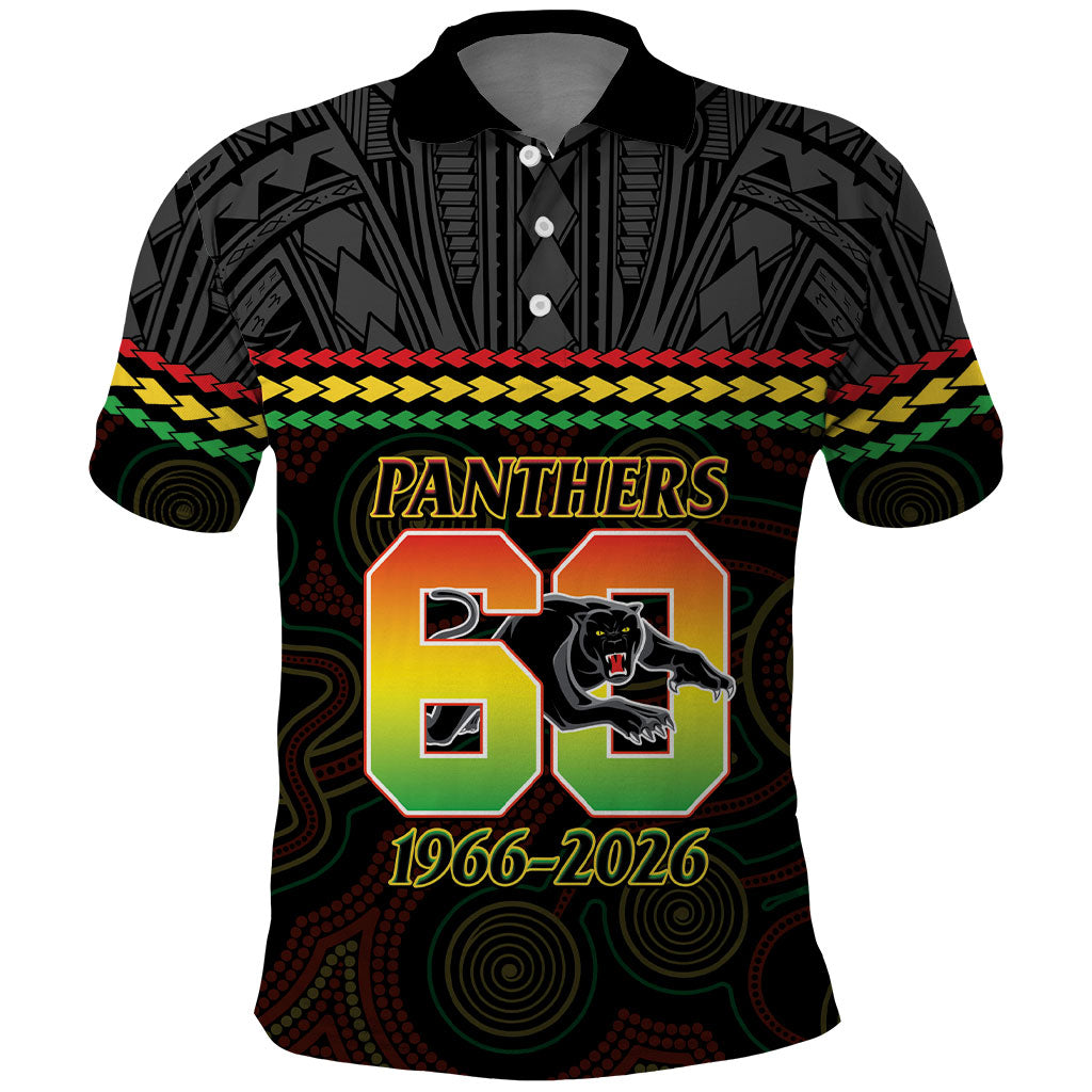 Penrith Panthers Rugby Custom Polo Shirt 60 Years Anniversary Black Polynesian Aboriginal Art