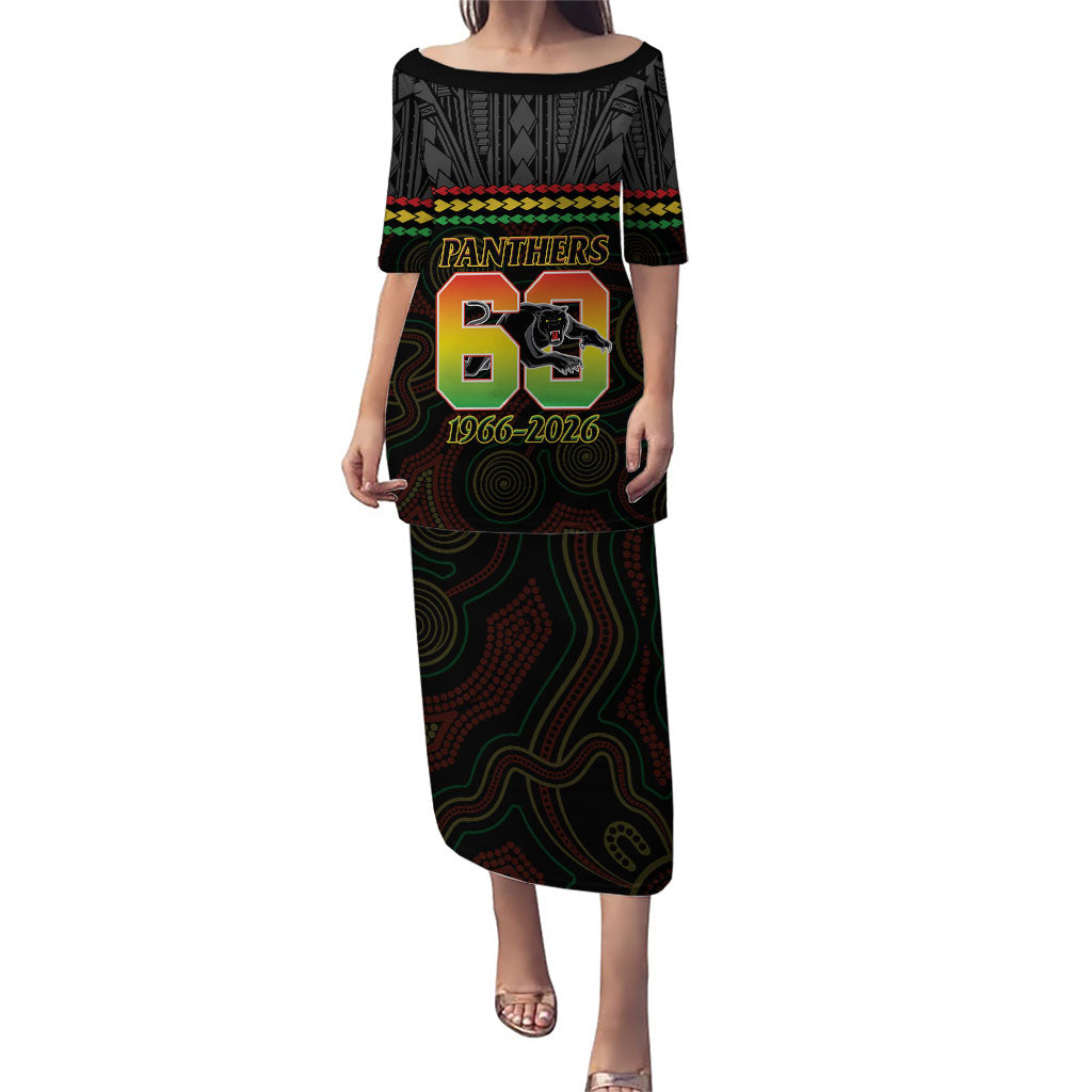 Penrith Panthers Rugby Custom Puletasi 60 Years Anniversary Black Polynesian Aboriginal Art