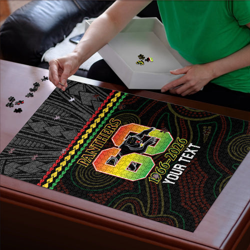 Penrith Panthers Rugby Custom Puzzle 60 Years Anniversary Black Polynesian Aboriginal Art