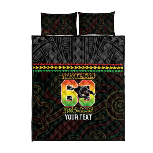 Penrith Panthers Rugby Custom Quilt Bed Set 60 Years Anniversary Black Polynesian Aboriginal Art