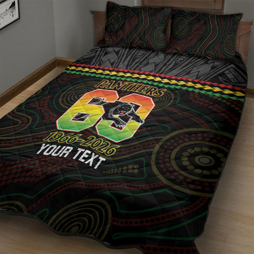 Penrith Panthers Rugby Custom Quilt Bed Set 60 Years Anniversary Black Polynesian Aboriginal Art