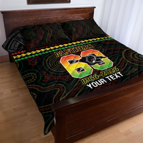 Penrith Panthers Rugby Custom Quilt Bed Set 60 Years Anniversary Black Polynesian Aboriginal Art