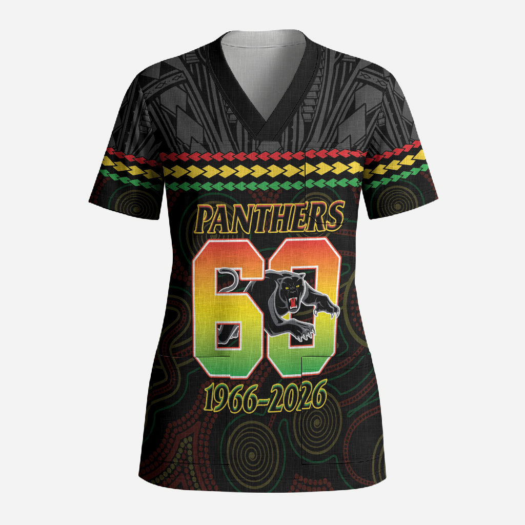 Penrith Panthers Rugby Custom Scrub Top 60 Years Anniversary Black Polynesian Aboriginal Art