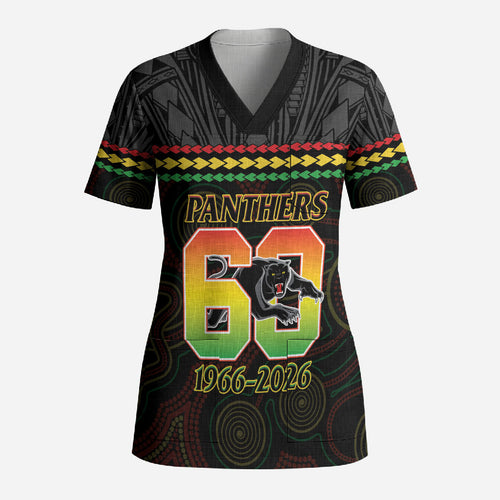 Penrith Panthers Rugby Custom Scrub Top 60 Years Anniversary Black Polynesian Aboriginal Art
