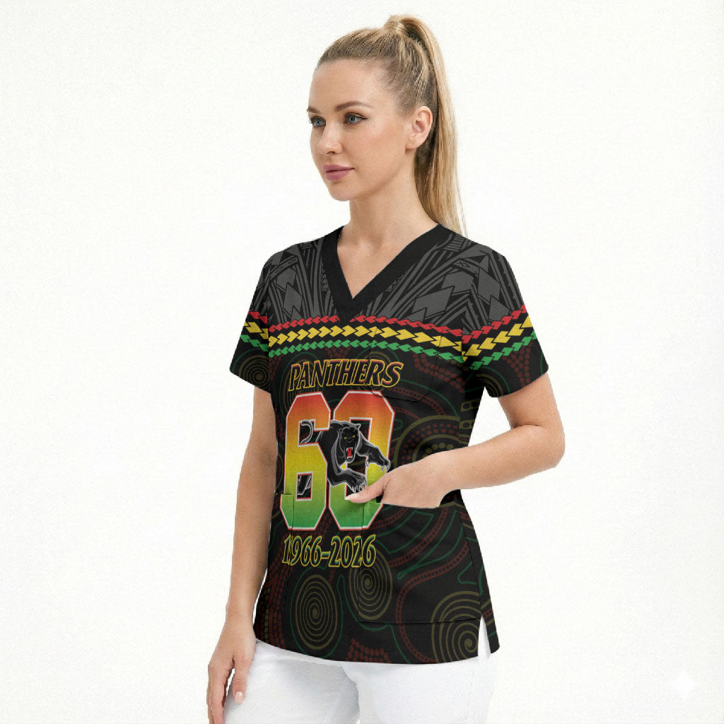 Penrith Panthers Rugby Custom Scrub Top 60 Years Anniversary Black Polynesian Aboriginal Art