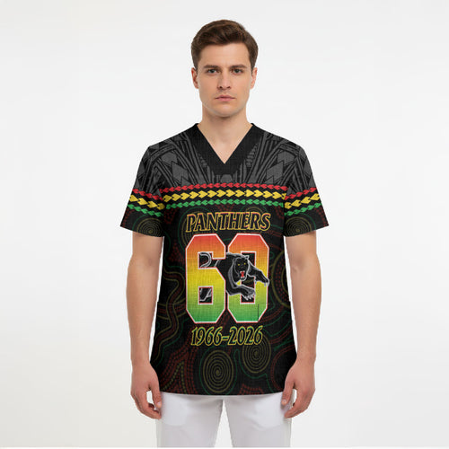 Penrith Panthers Rugby Custom Scrub Top 60 Years Anniversary Black Polynesian Aboriginal Art