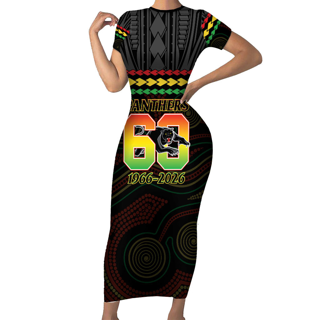 Penrith Panthers Rugby Custom Short Sleeve Bodycon Dress 60 Years Anniversary Black Polynesian Aboriginal Art