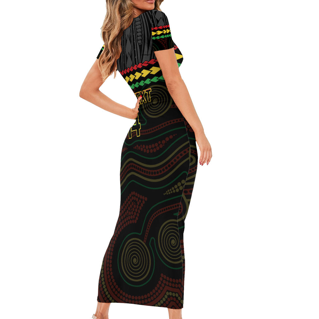 Penrith Panthers Rugby Custom Short Sleeve Bodycon Dress 60 Years Anniversary Black Polynesian Aboriginal Art