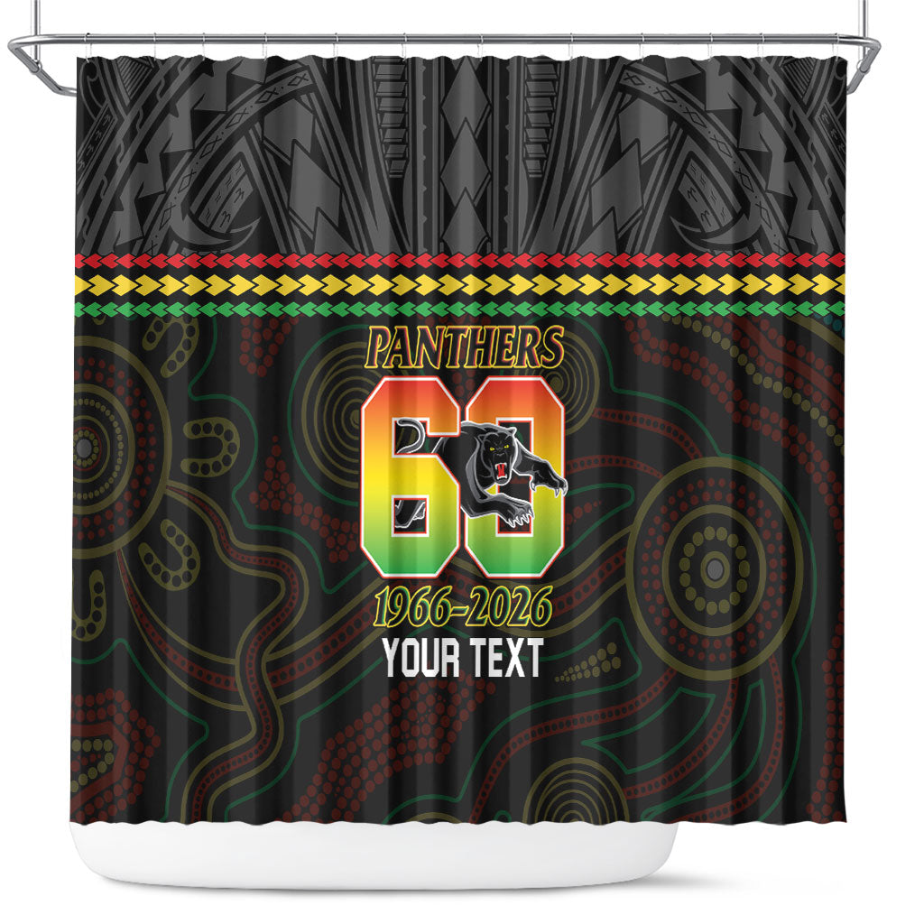 Penrith Panthers Rugby Custom Shower Curtain 60 Years Anniversary Black Polynesian Aboriginal Art
