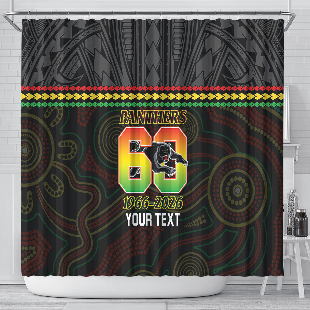Penrith Panthers Rugby Custom Shower Curtain 60 Years Anniversary Black Polynesian Aboriginal Art