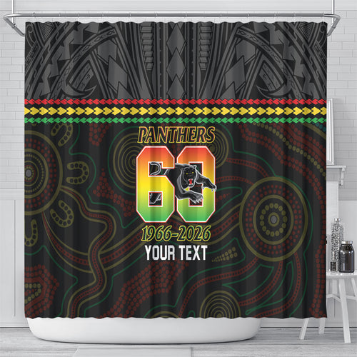 Penrith Panthers Rugby Custom Shower Curtain 60 Years Anniversary Black Polynesian Aboriginal Art