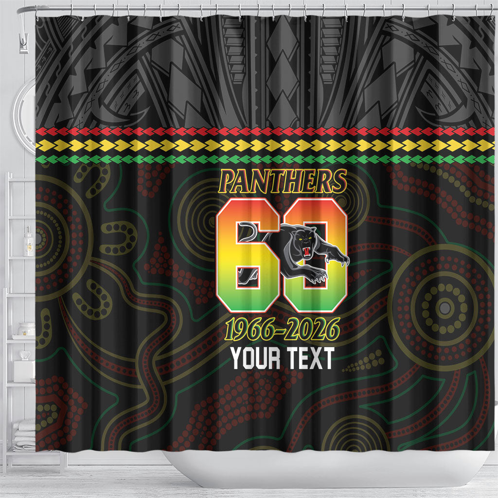 Penrith Panthers Rugby Custom Shower Curtain 60 Years Anniversary Black Polynesian Aboriginal Art