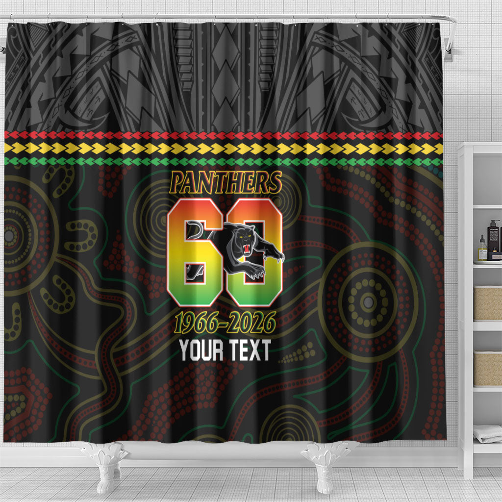 Penrith Panthers Rugby Custom Shower Curtain 60 Years Anniversary Black Polynesian Aboriginal Art