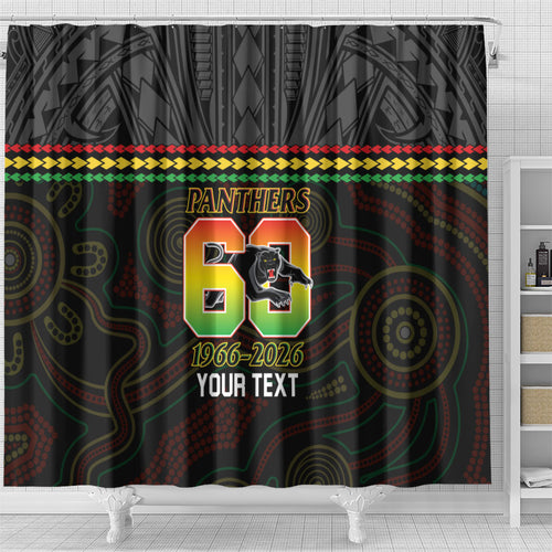 Penrith Panthers Rugby Custom Shower Curtain 60 Years Anniversary Black Polynesian Aboriginal Art
