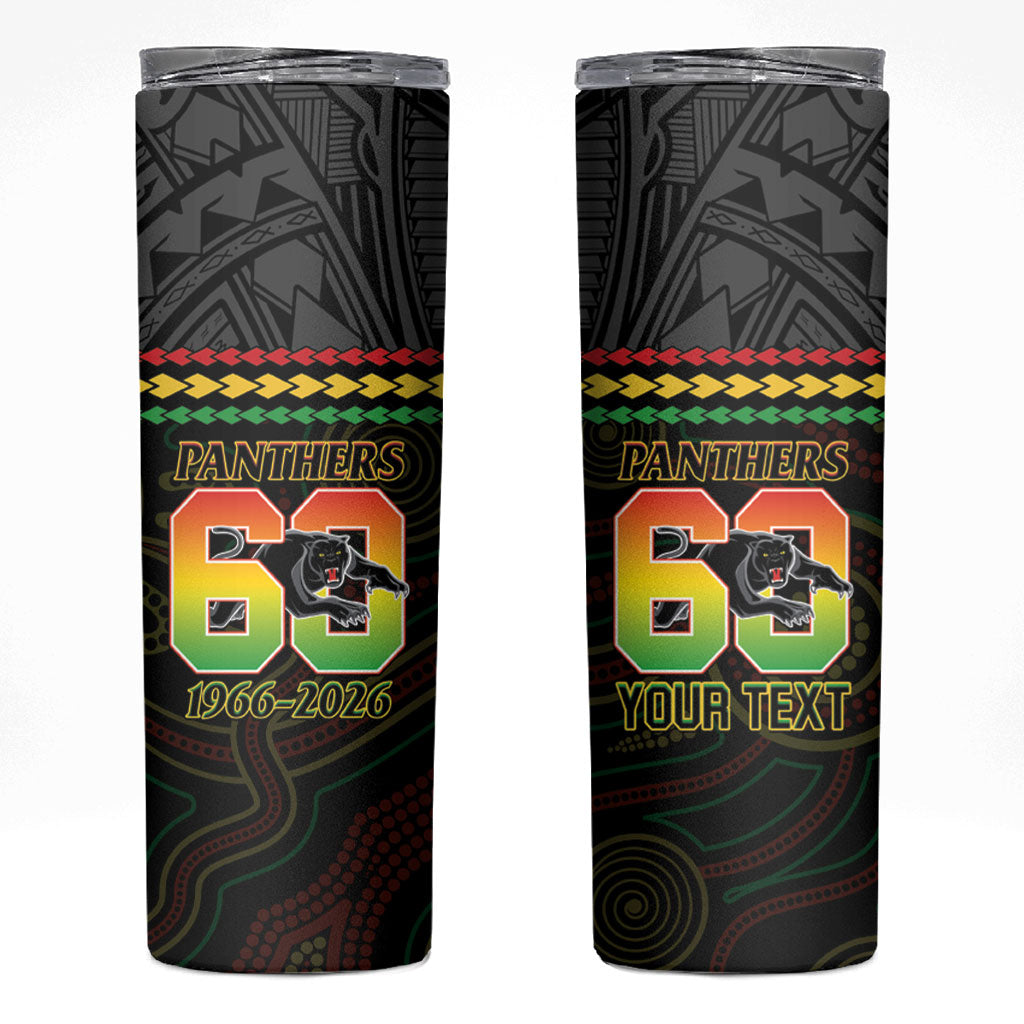 Penrith Panthers Rugby Custom Skinny Tumbler 60 Years Anniversary Black Polynesian Aboriginal Art