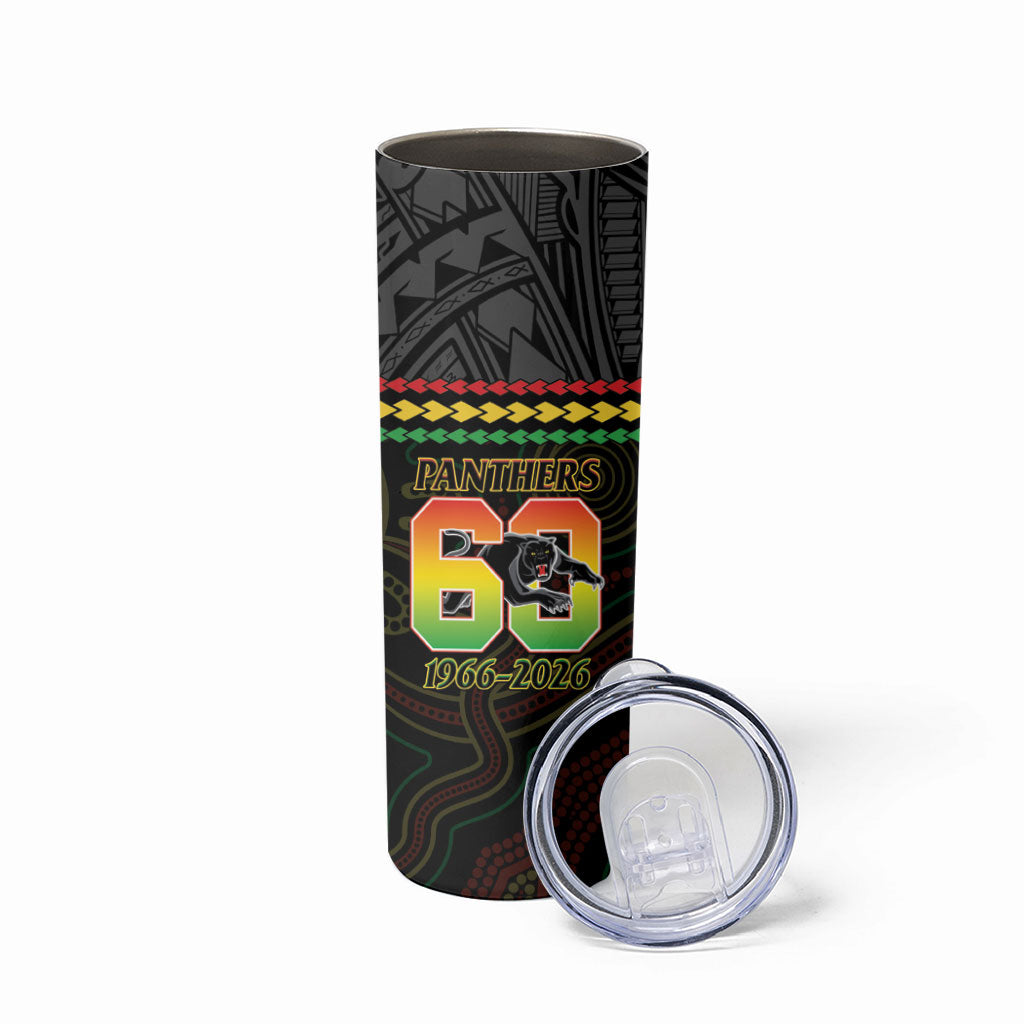 Penrith Panthers Rugby Custom Skinny Tumbler 60 Years Anniversary Black Polynesian Aboriginal Art