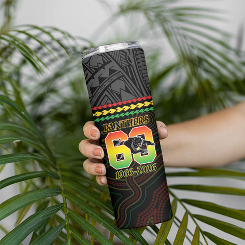 Penrith Panthers Rugby Custom Skinny Tumbler 60 Years Anniversary Black Polynesian Aboriginal Art
