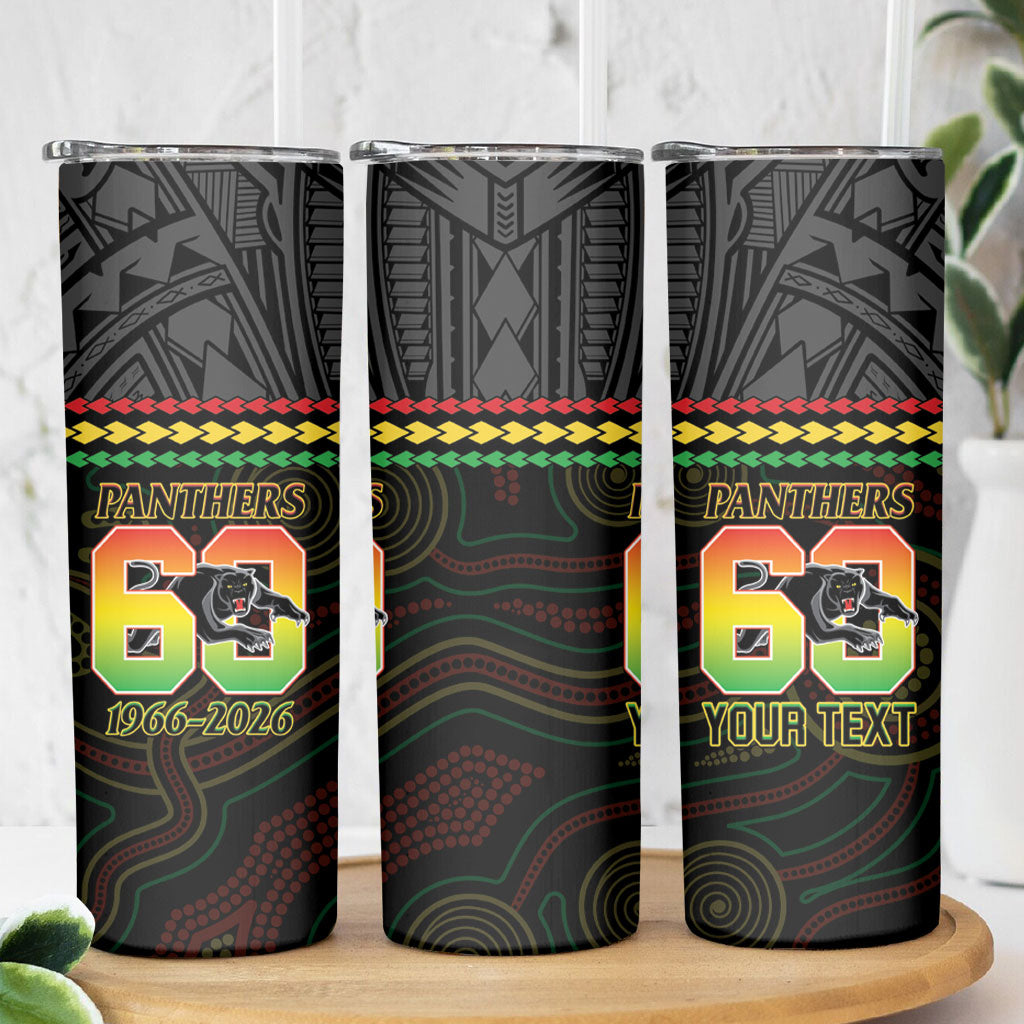 Penrith Panthers Rugby Custom Skinny Tumbler 60 Years Anniversary Black Polynesian Aboriginal Art