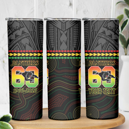 Penrith Panthers Rugby Custom Skinny Tumbler 60 Years Anniversary Black Polynesian Aboriginal Art