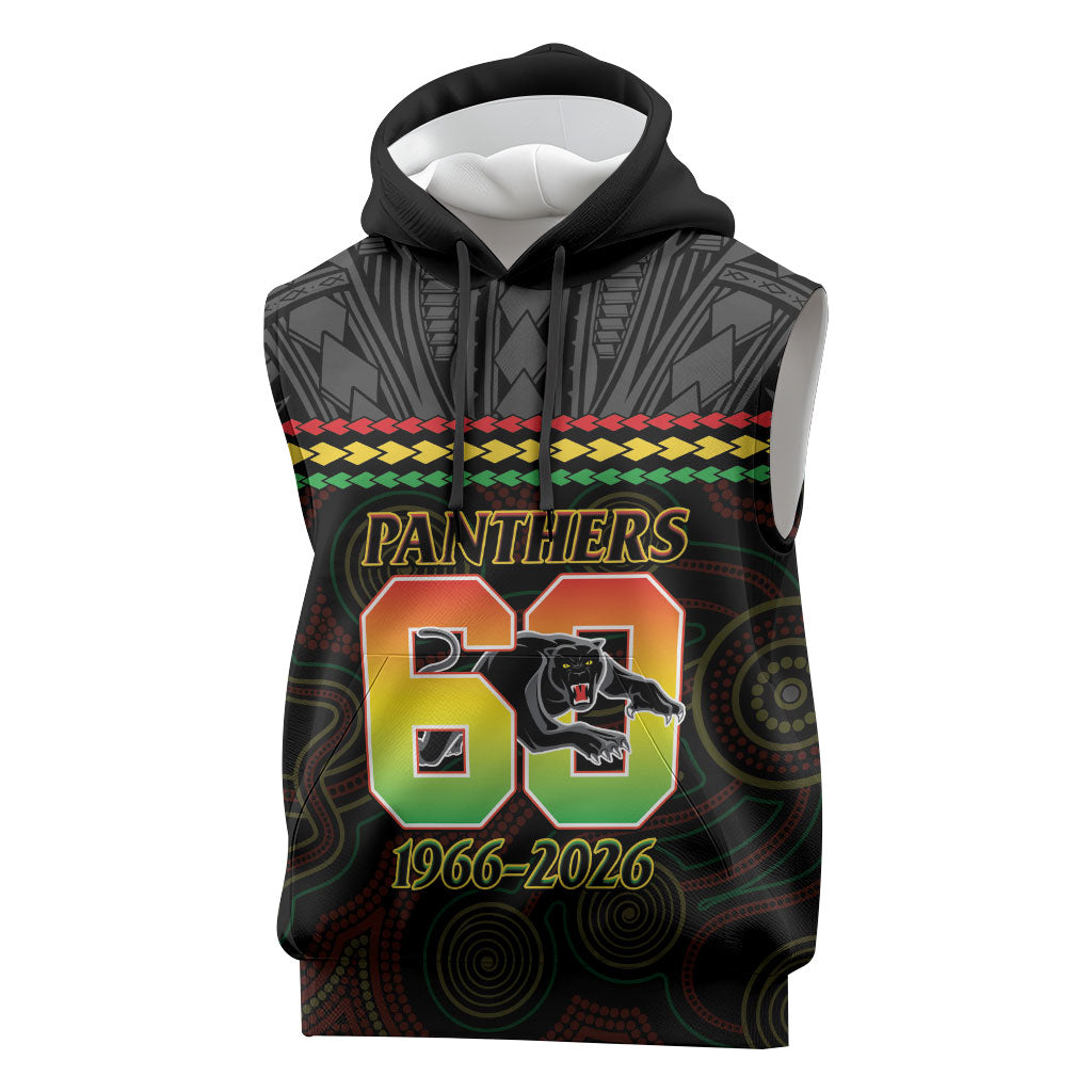 Penrith Panthers Rugby Custom Sleeveless Hoodie 60 Years Anniversary Black Polynesian Aboriginal Art