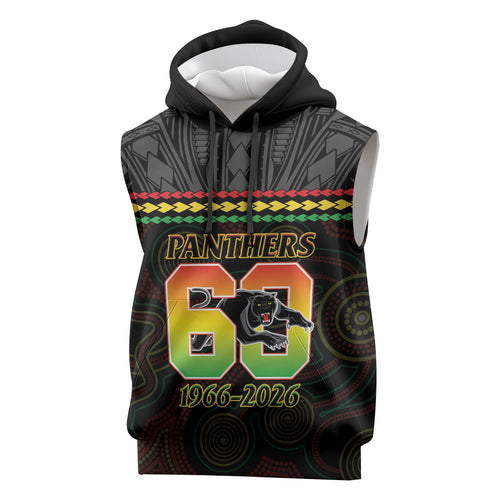 Penrith Panthers Rugby Custom Sleeveless Hoodie 60 Years Anniversary Black Polynesian Aboriginal Art