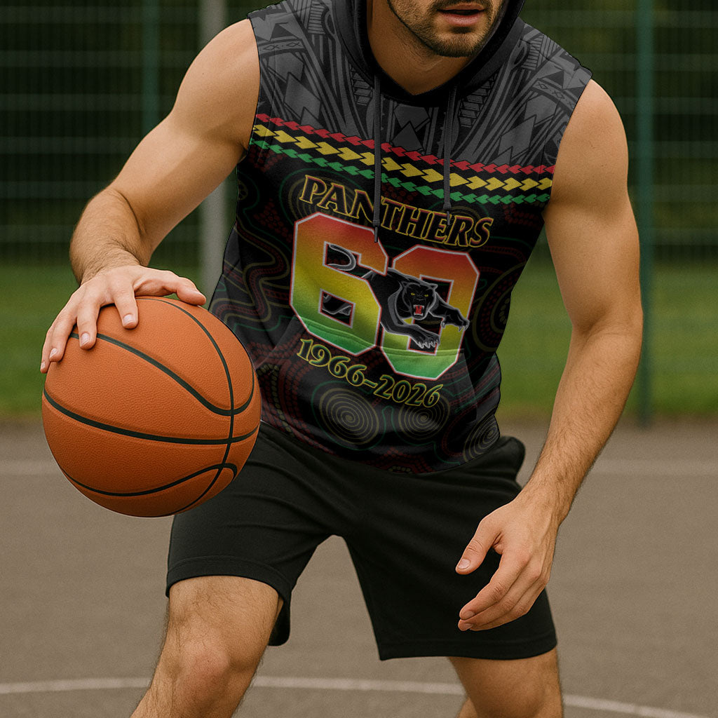 Penrith Panthers Rugby Custom Sleeveless Hoodie 60 Years Anniversary Black Polynesian Aboriginal Art