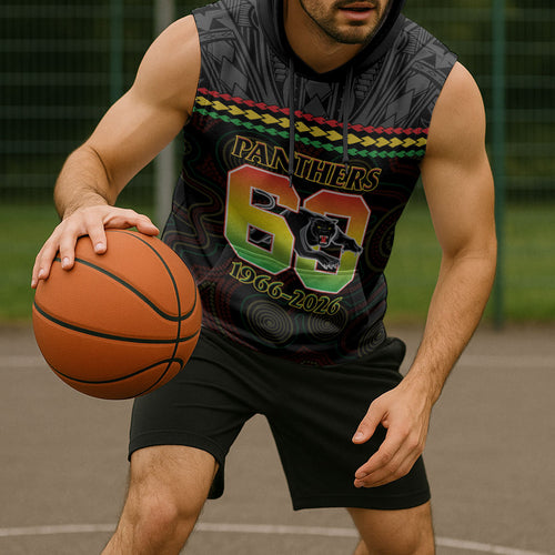 Penrith Panthers Rugby Custom Sleeveless Hoodie 60 Years Anniversary Black Polynesian Aboriginal Art
