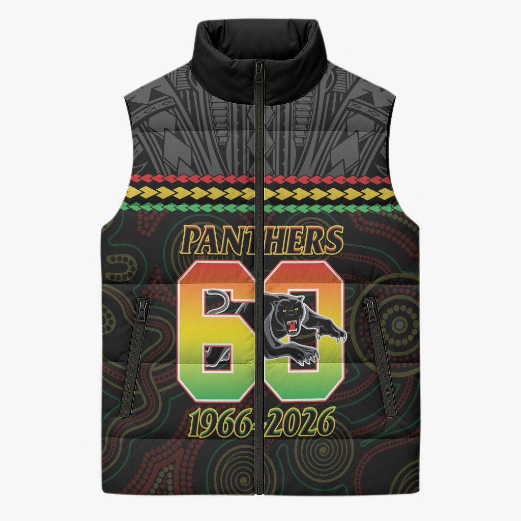 Penrith Panthers Rugby Custom Sleeveless Puffer Jacket 60 Years Anniversary Black Polynesian Aboriginal Art