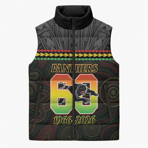 Penrith Panthers Rugby Custom Sleeveless Puffer Jacket 60 Years Anniversary Black Polynesian Aboriginal Art