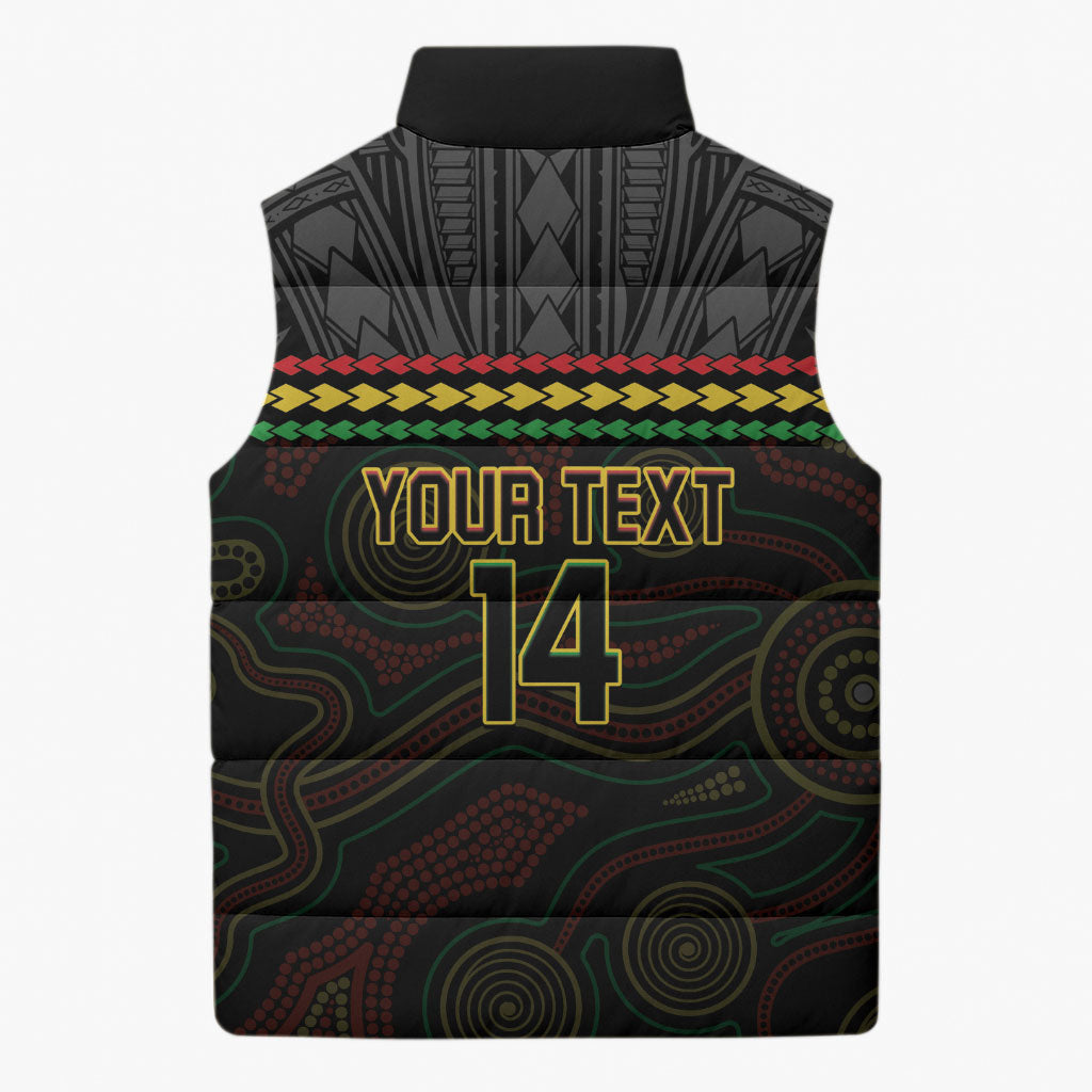 Penrith Panthers Rugby Custom Sleeveless Puffer Jacket 60 Years Anniversary Black Polynesian Aboriginal Art