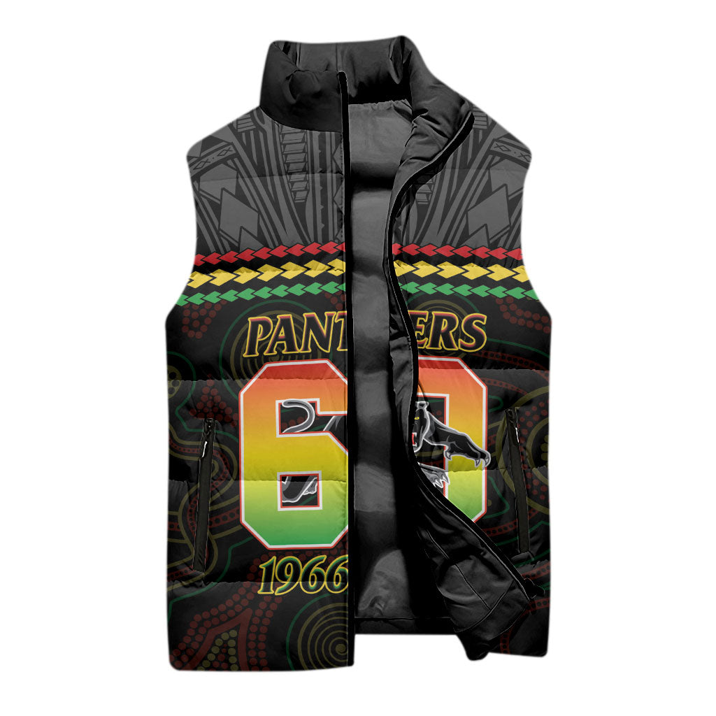Penrith Panthers Rugby Custom Sleeveless Puffer Jacket 60 Years Anniversary Black Polynesian Aboriginal Art