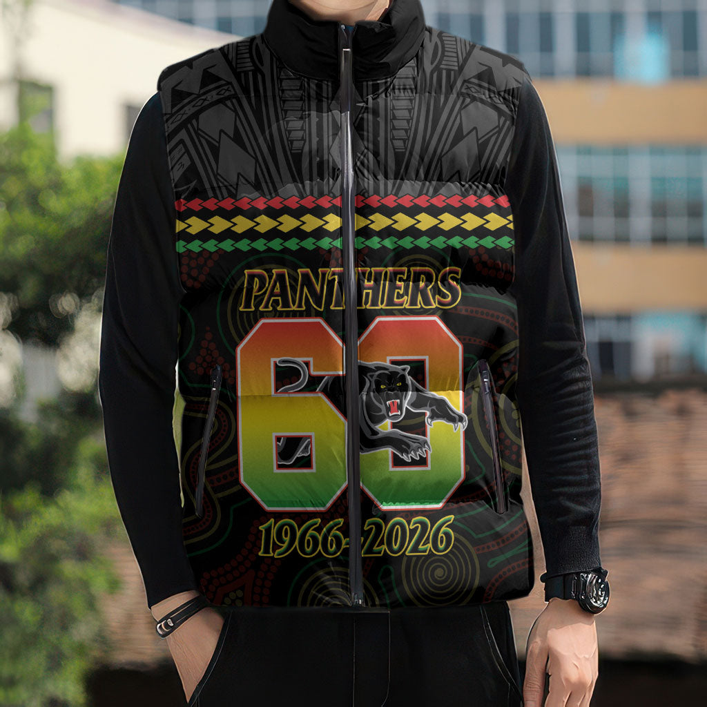 Penrith Panthers Rugby Custom Sleeveless Puffer Jacket 60 Years Anniversary Black Polynesian Aboriginal Art
