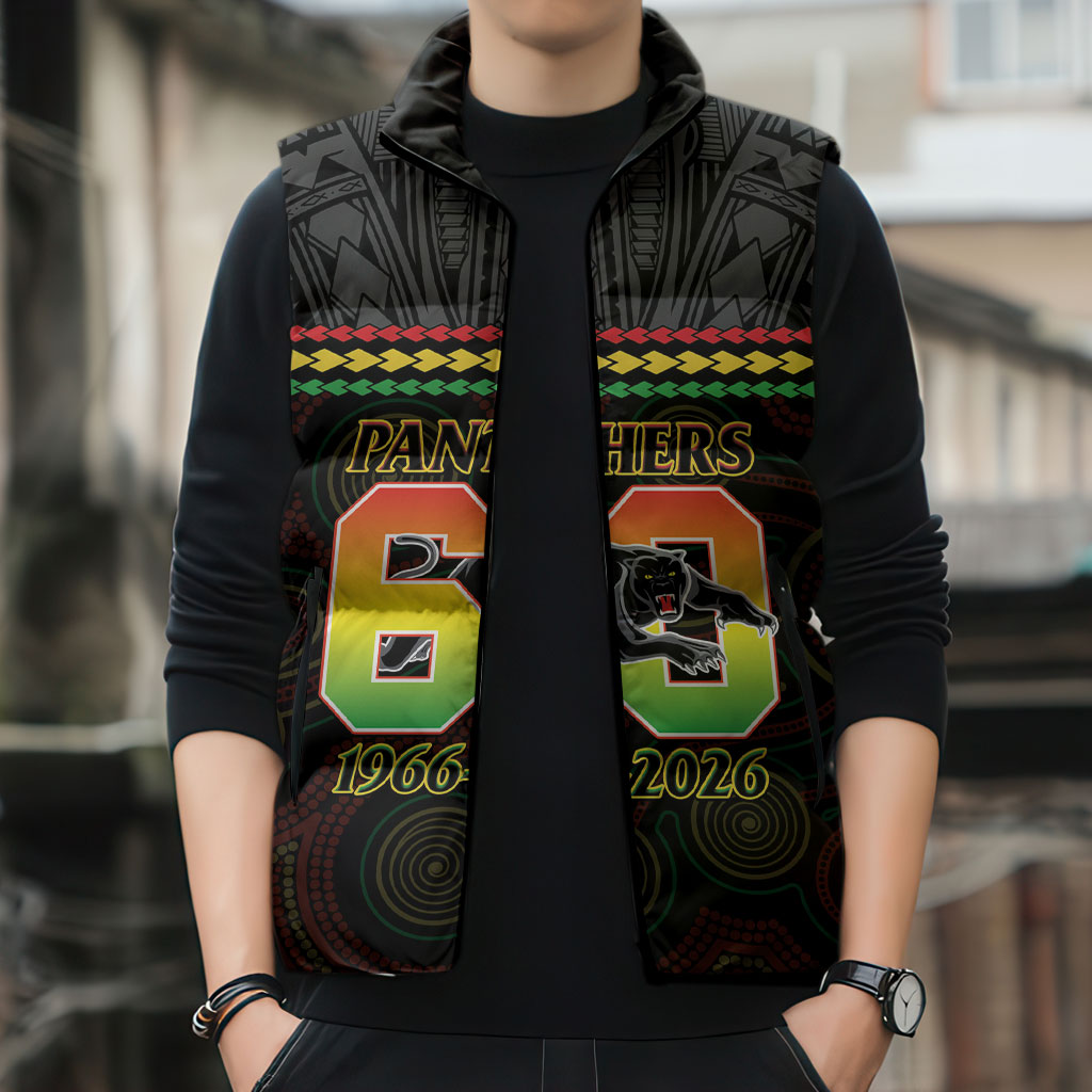 Penrith Panthers Rugby Custom Sleeveless Puffer Jacket 60 Years Anniversary Black Polynesian Aboriginal Art
