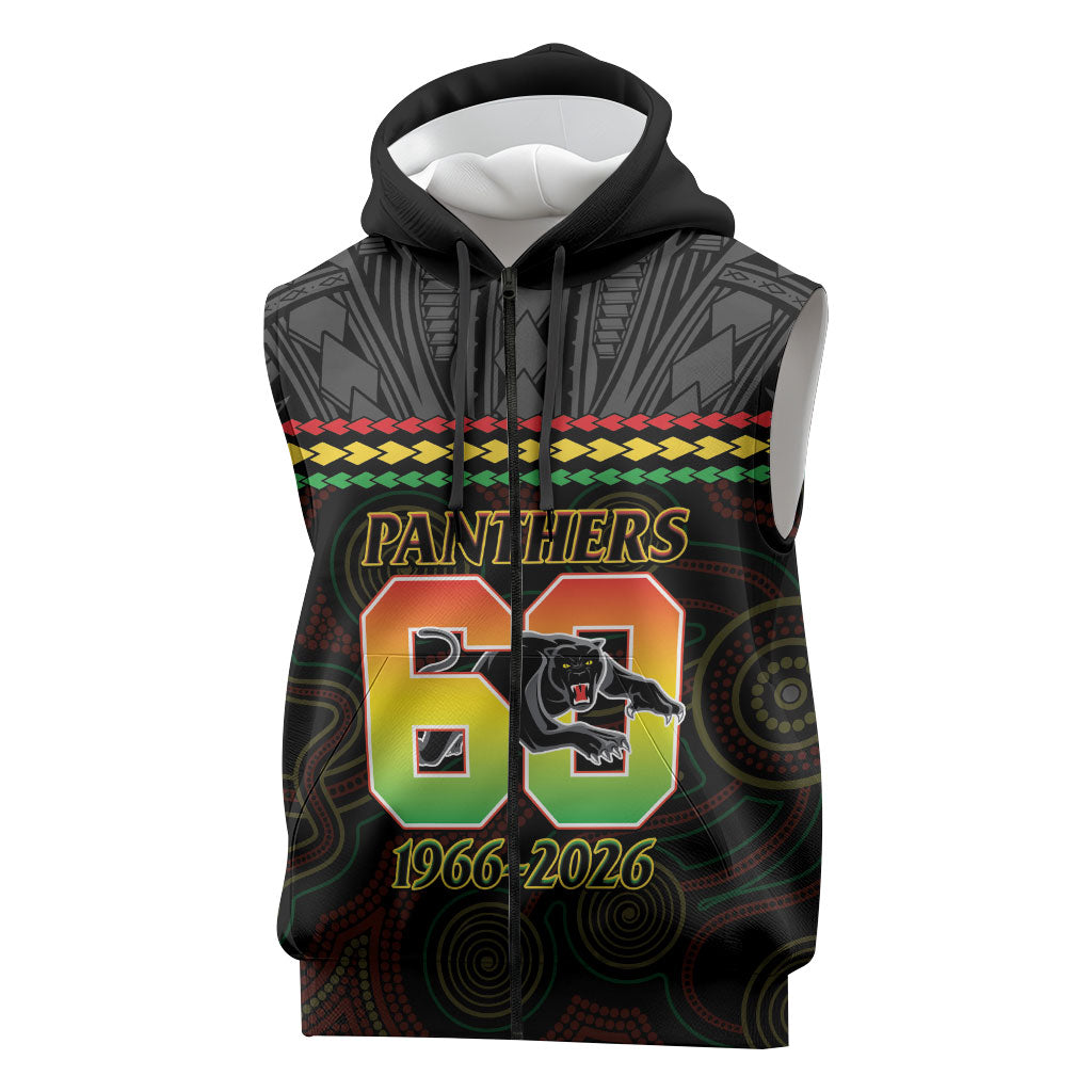 Penrith Panthers Rugby Custom Sleeveless Zip Hoodie 60 Years Anniversary Black Polynesian Aboriginal Art