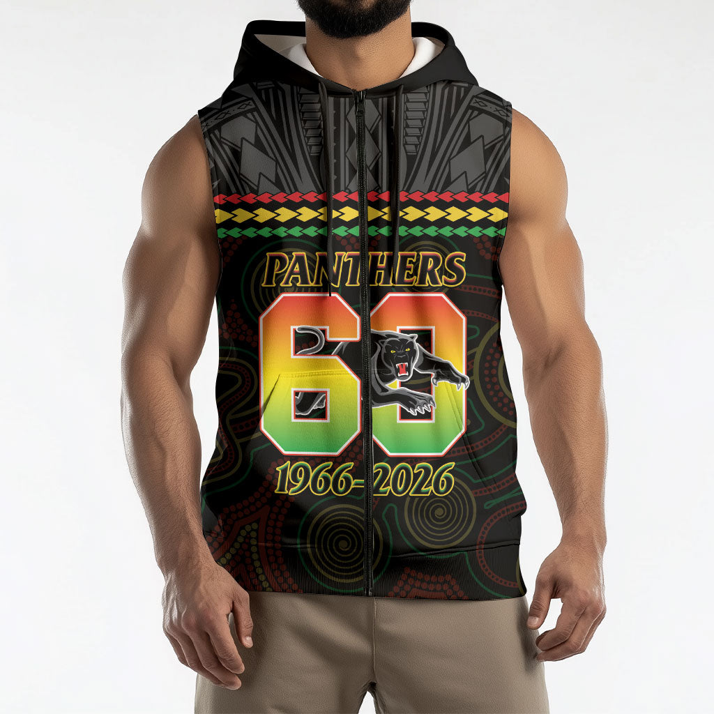 Penrith Panthers Rugby Custom Sleeveless Zip Hoodie 60 Years Anniversary Black Polynesian Aboriginal Art