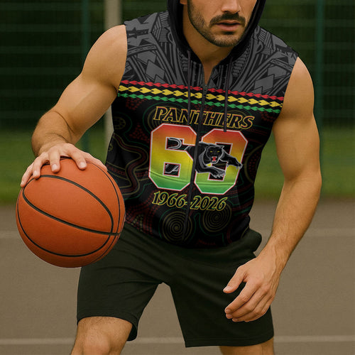 Penrith Panthers Rugby Custom Sleeveless Zip Hoodie 60 Years Anniversary Black Polynesian Aboriginal Art