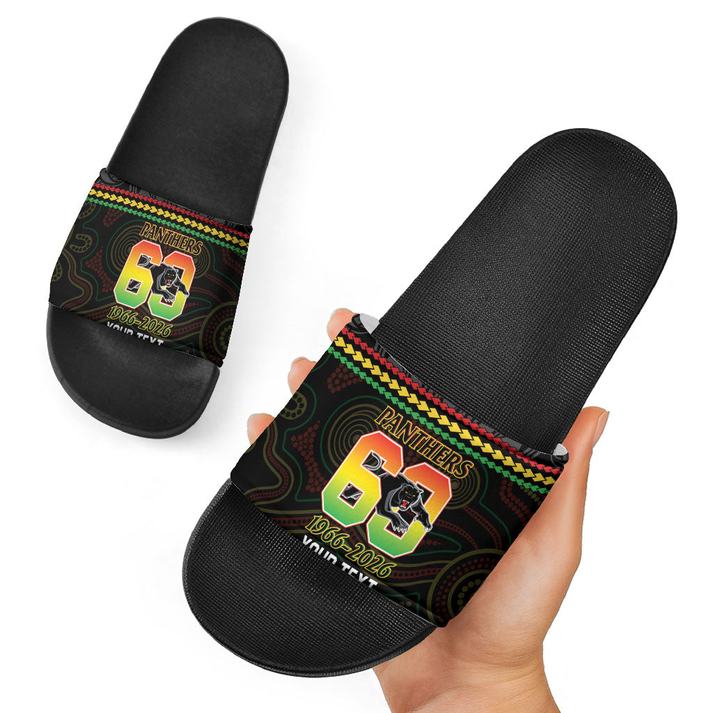 Penrith Panthers Rugby Custom Slide Sandals 60 Years Anniversary Black Polynesian Aboriginal Art
