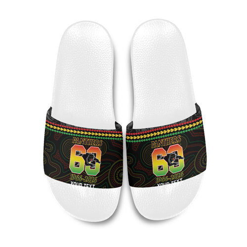 Penrith Panthers Rugby Custom Slide Sandals 60 Years Anniversary Black Polynesian Aboriginal Art