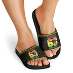 Penrith Panthers Rugby Custom Slide Sandals 60 Years Anniversary Black Polynesian Aboriginal Art