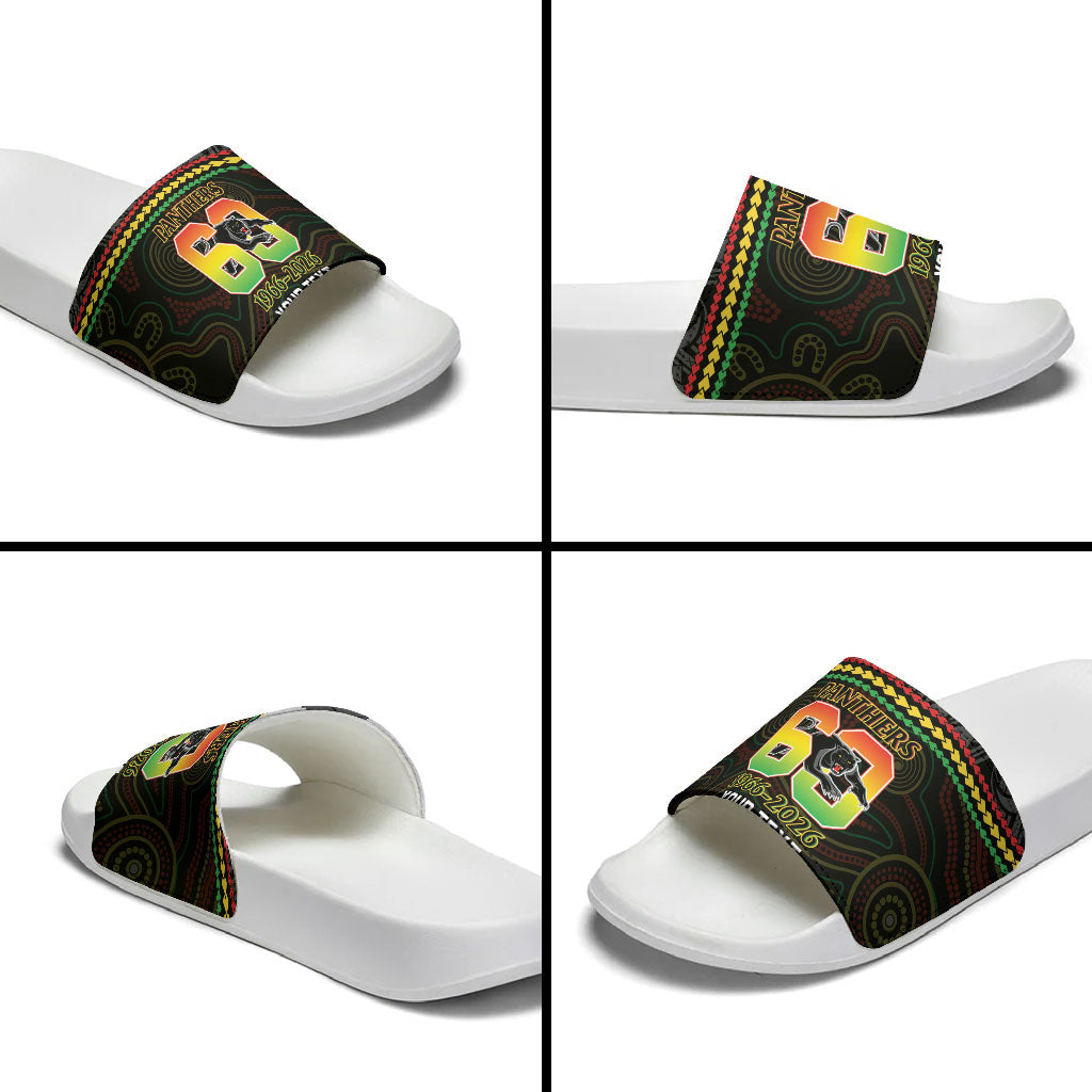 Penrith Panthers Rugby Custom Slide Sandals 60 Years Anniversary Black Polynesian Aboriginal Art
