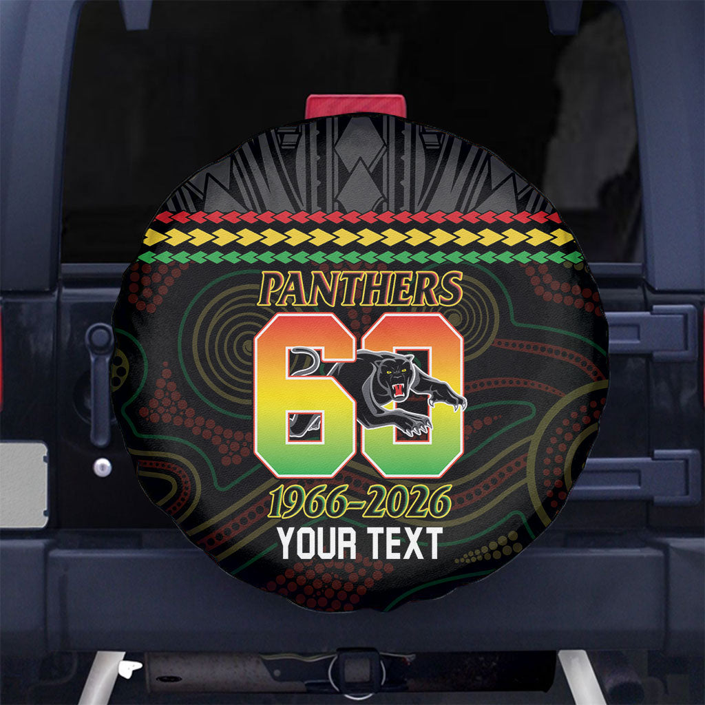 Penrith Panthers Rugby Custom Spare Tire Cover 60 Years Anniversary Black Polynesian Aboriginal Art