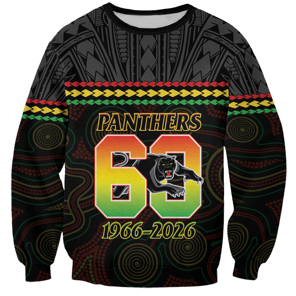 Penrith Panthers Rugby Custom Sweatshirt 60 Years Anniversary Black Polynesian Aboriginal Art