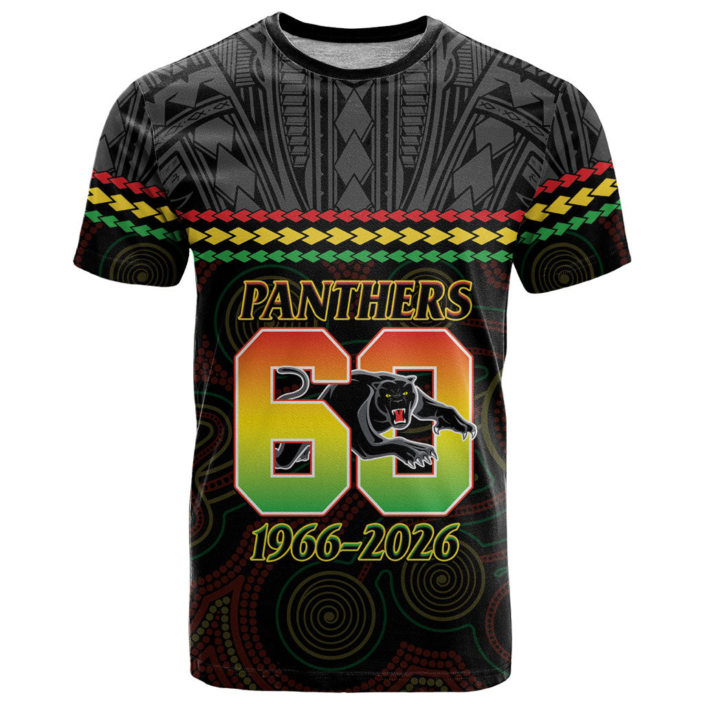 Penrith Panthers Rugby Custom T Shirt 60 Years Anniversary Black Polynesian Aboriginal Art
