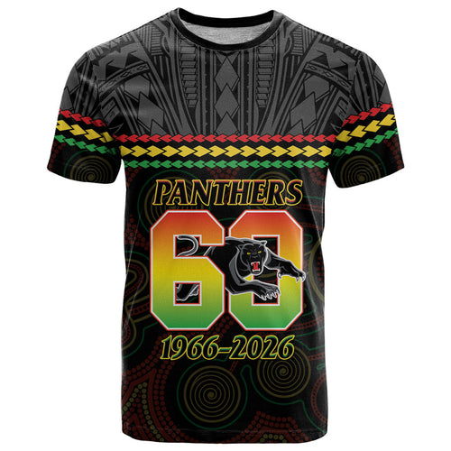 Penrith Panthers Rugby Custom T Shirt 60 Years Anniversary Black Polynesian Aboriginal Art