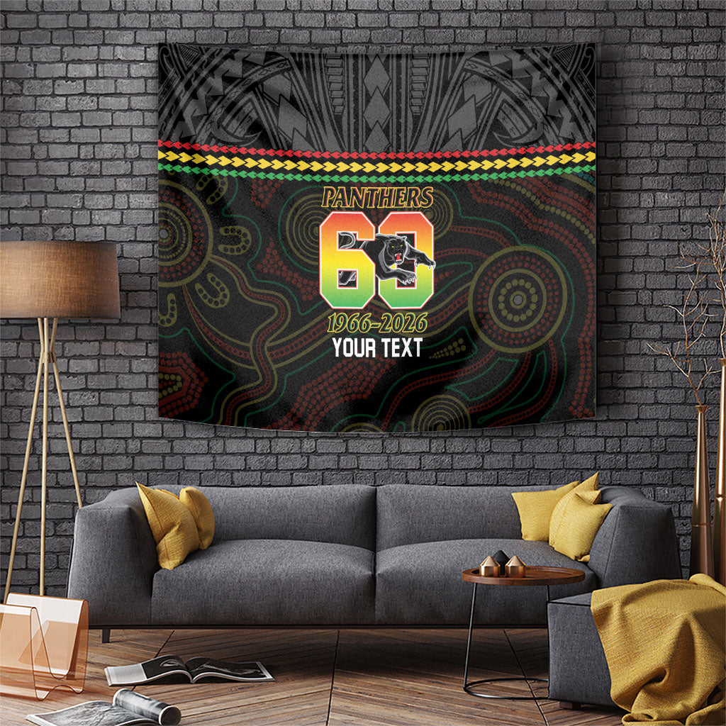 Penrith Panthers Rugby Custom Tapestry 60 Years Anniversary Black Polynesian Aboriginal Art