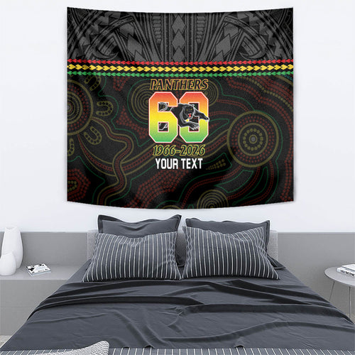Penrith Panthers Rugby Custom Tapestry 60 Years Anniversary Black Polynesian Aboriginal Art
