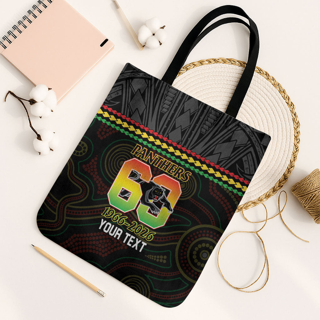 Penrith Panthers Rugby Custom Tote Bag 60 Years Anniversary Black Polynesian Aboriginal Art